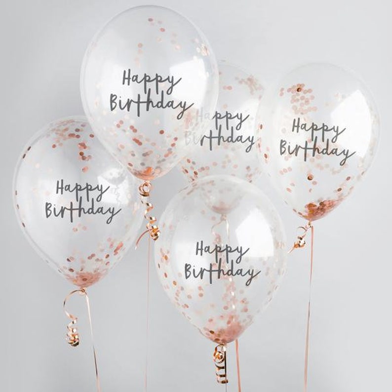 5 Rose Gold Happy Birthday Confetti Balloons, Birthday Balloons, Birthday Party Balloons, Rose Gold Party Balloons, Birthday Decorations